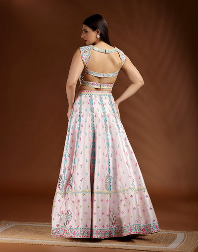 Bubble Pink With Marine Green Resham Thread Work Lehenga Set