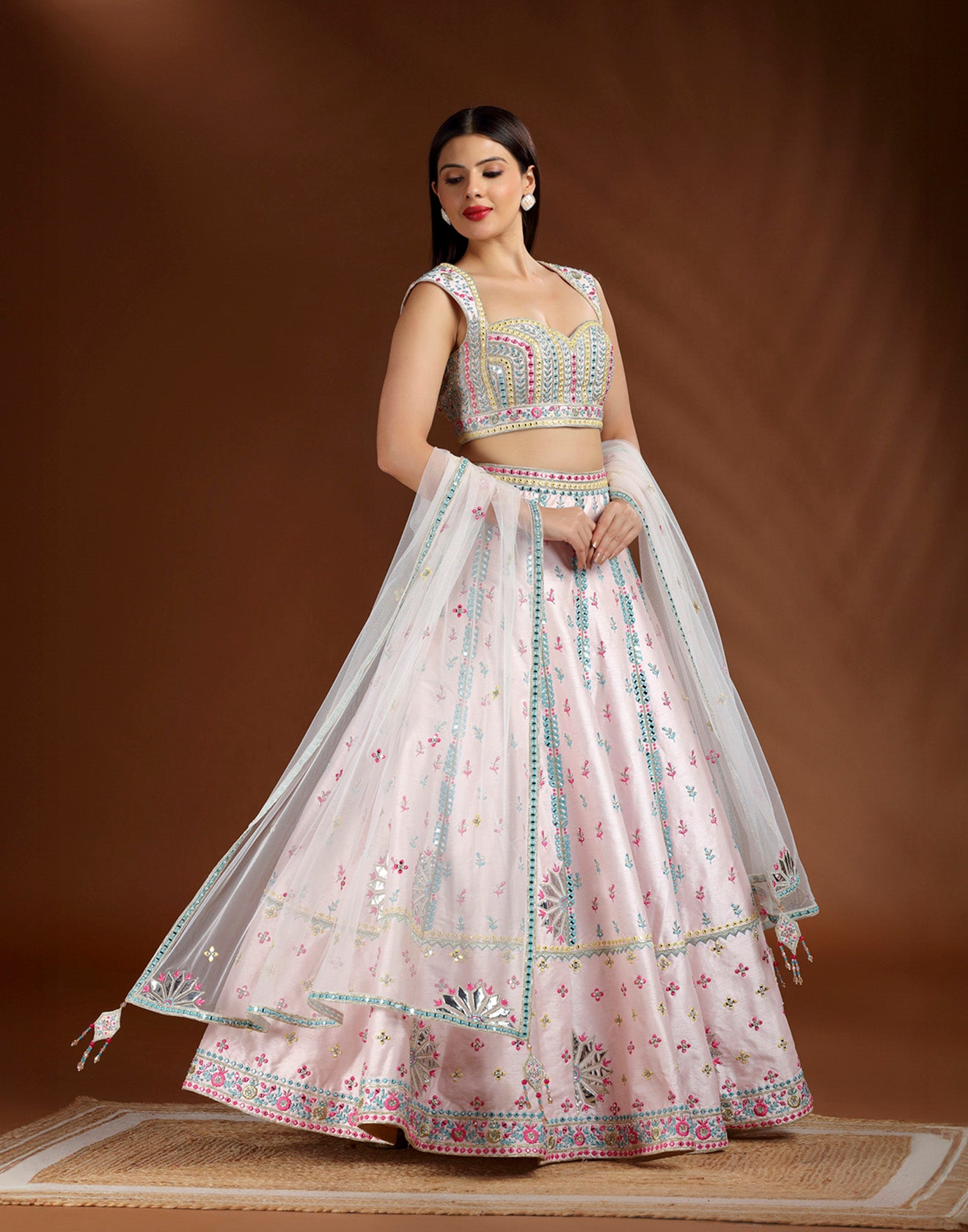 Bubble Pink With Marine Green Resham Thread Work Lehenga Set