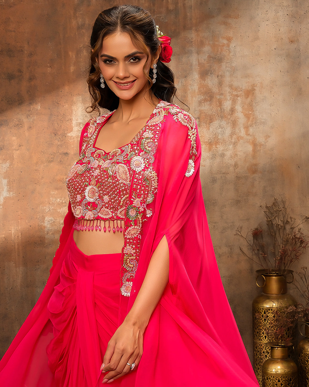 Carnation Rani Embellished Bustier With Jacket & Pleated Skirt