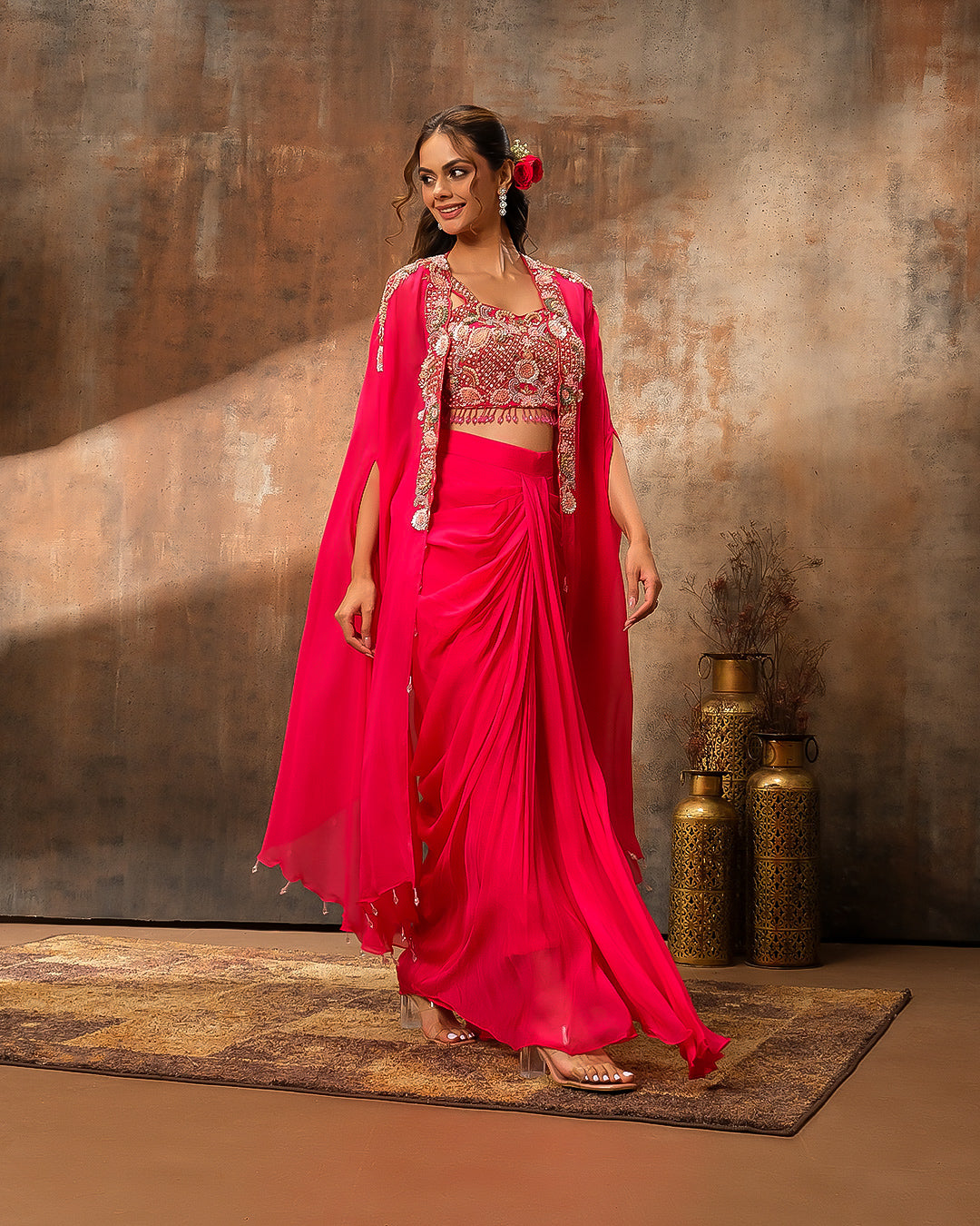 Carnation Rani Embellished Bustier With Jacket & Pleated Skirt