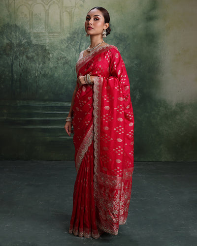 Cerisé Charm Dola Silk Scallop Edged Embroidered Saree