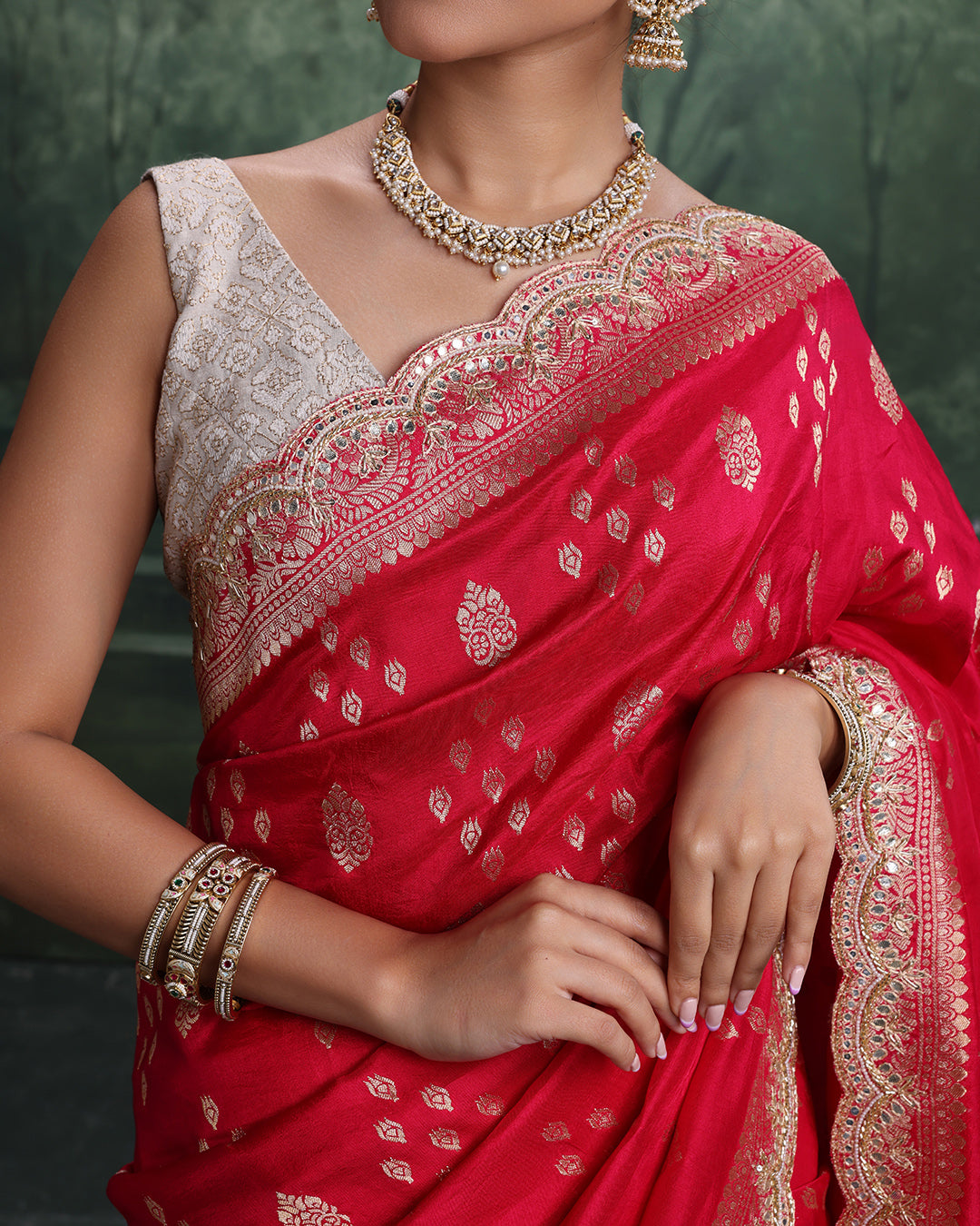 Cerisé Charm Dola Silk Scallop Edged Embroidered Saree