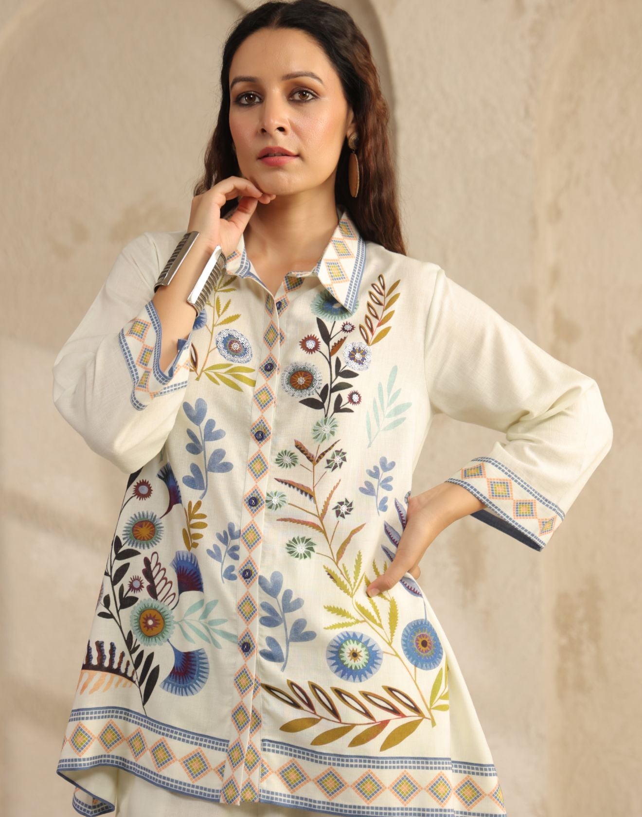 Chalk White Printed Linen Co-Ord Set