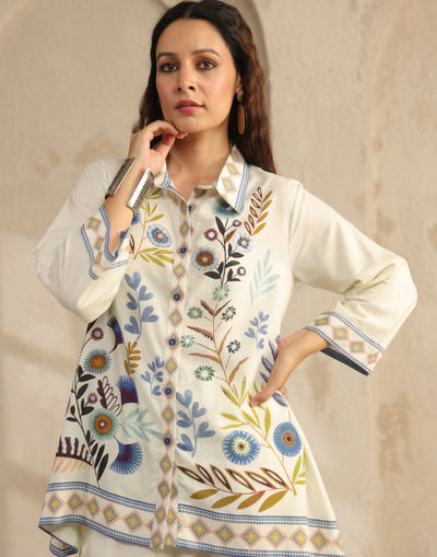 Chalk White Printed Linen Co-Ord Set