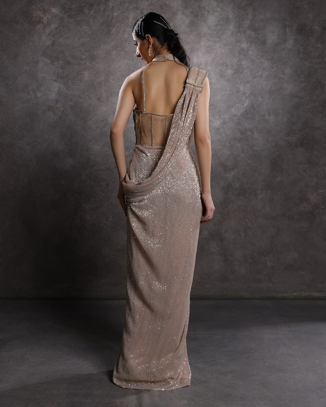 Champagne Glow Sequin Halter Neck Drape Gown