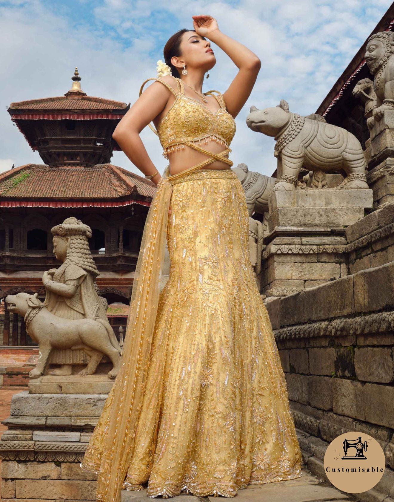 Champagne Gold Fish Cut Cocktail Lehenga