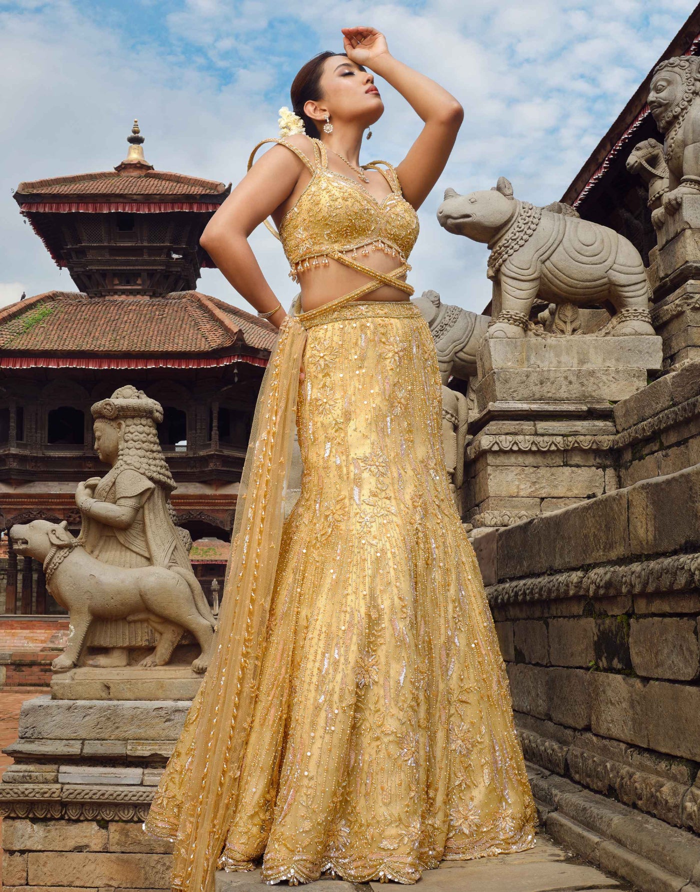 Champagne Gold Fish Cut Cocktail Lehenga