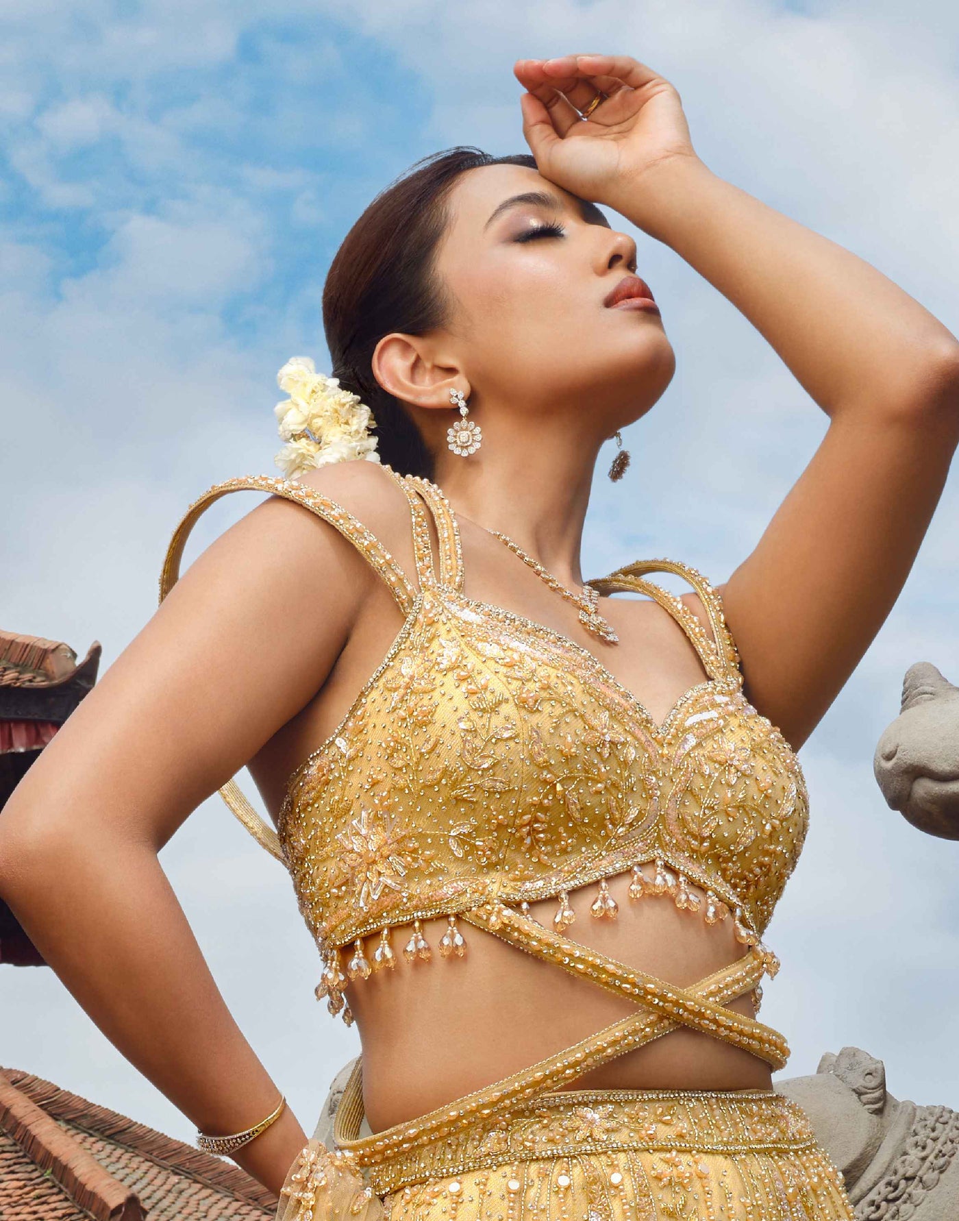 Champagne Gold Fish Cut Cocktail Lehenga