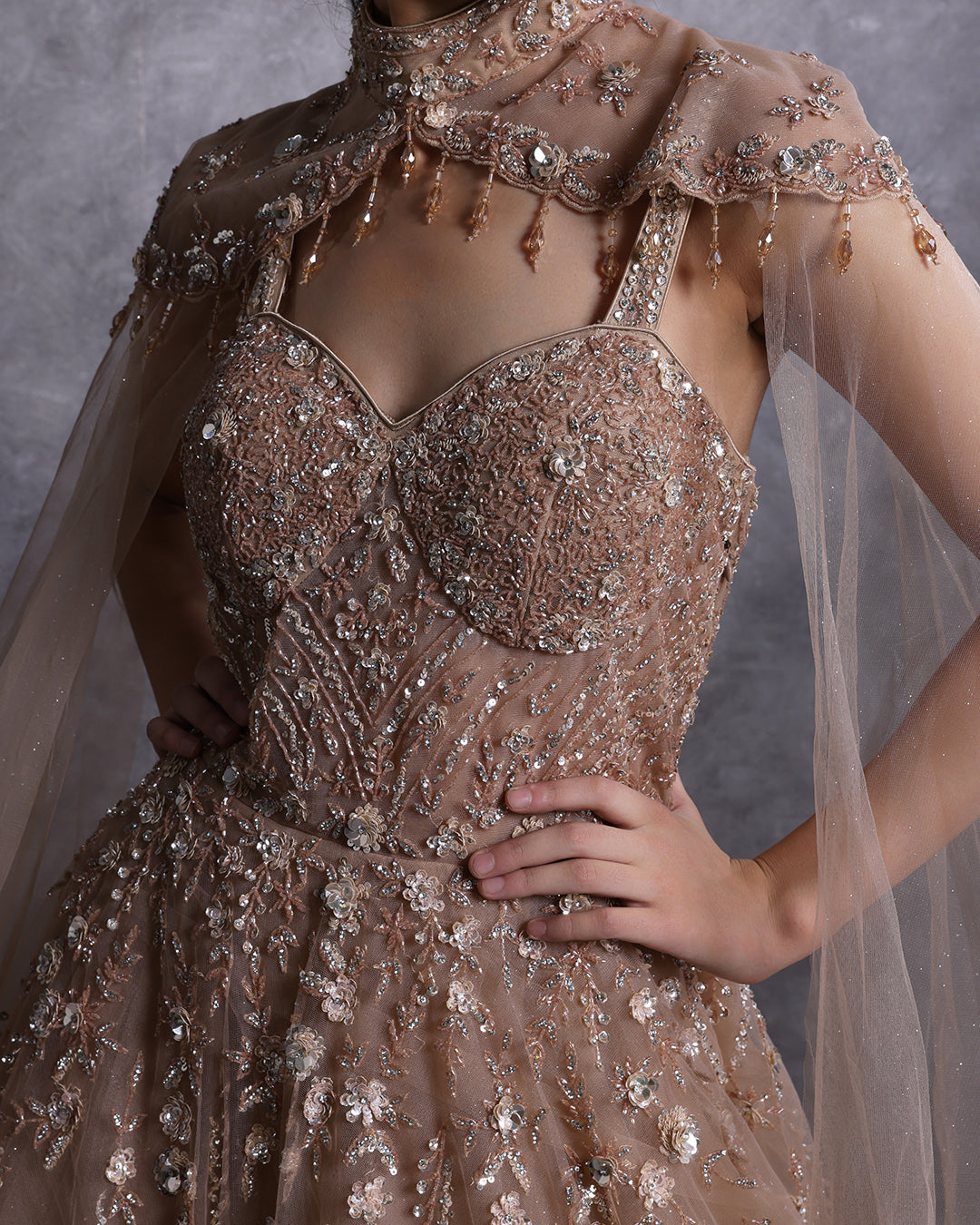 Champagne Mist Embellished Bridal Gown With Shoulder Cape  Roopkala