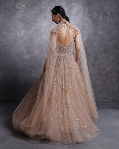 Champagne Mist Embellished Bridal Gown With Shoulder Cape