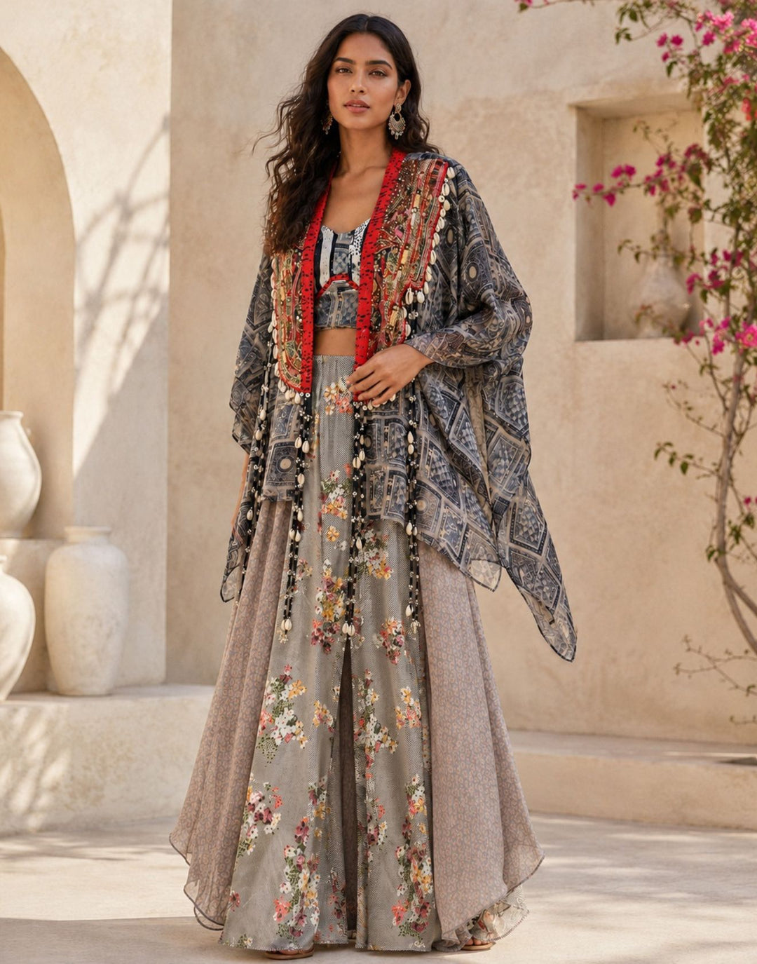 Charcoal Grey Floral Printed Indo-Western Suit Set – Roopkala