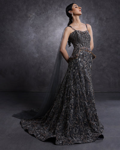 Charcoal Hues Embellished Peplum Fit And Flare Gown