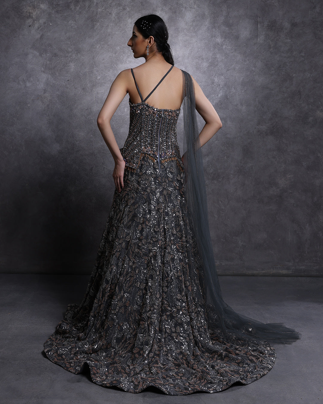 Charcoal Hues Embellished Peplum Fit And Flare Gown