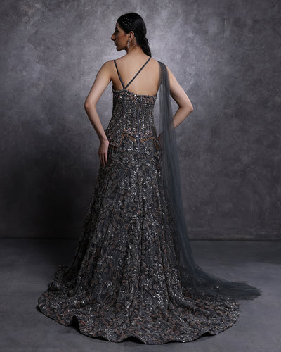 Charcoal Hues Embellished Peplum Fit And Flare Gown