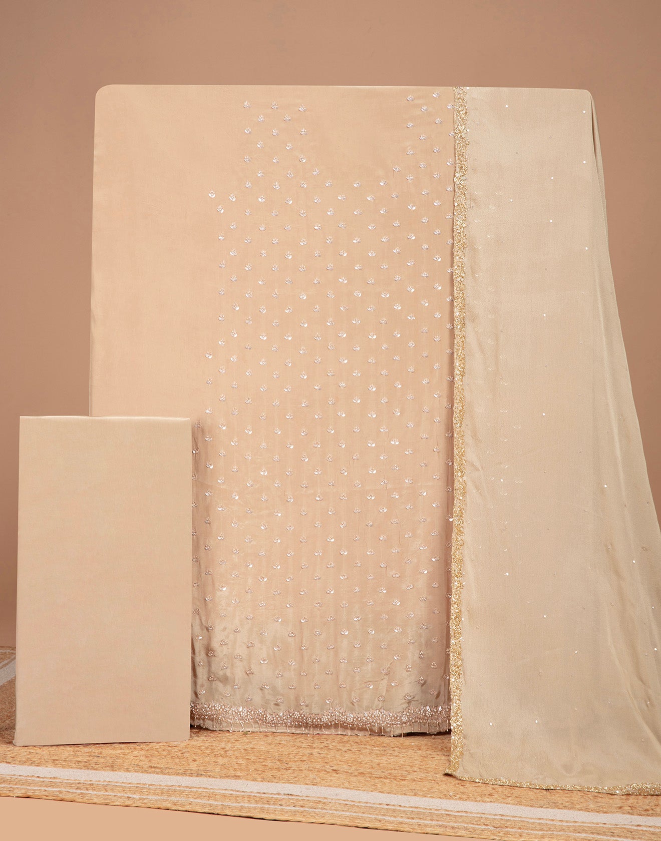 Charming Gold Crepe Silk Embroidered Unstitched Suit Set