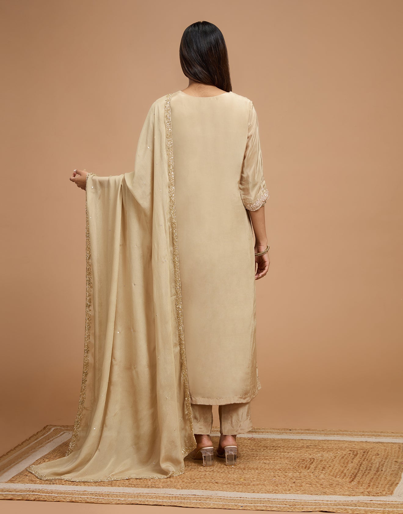 Charming Gold Crepe Silk Embroidered Unstitched Suit Set