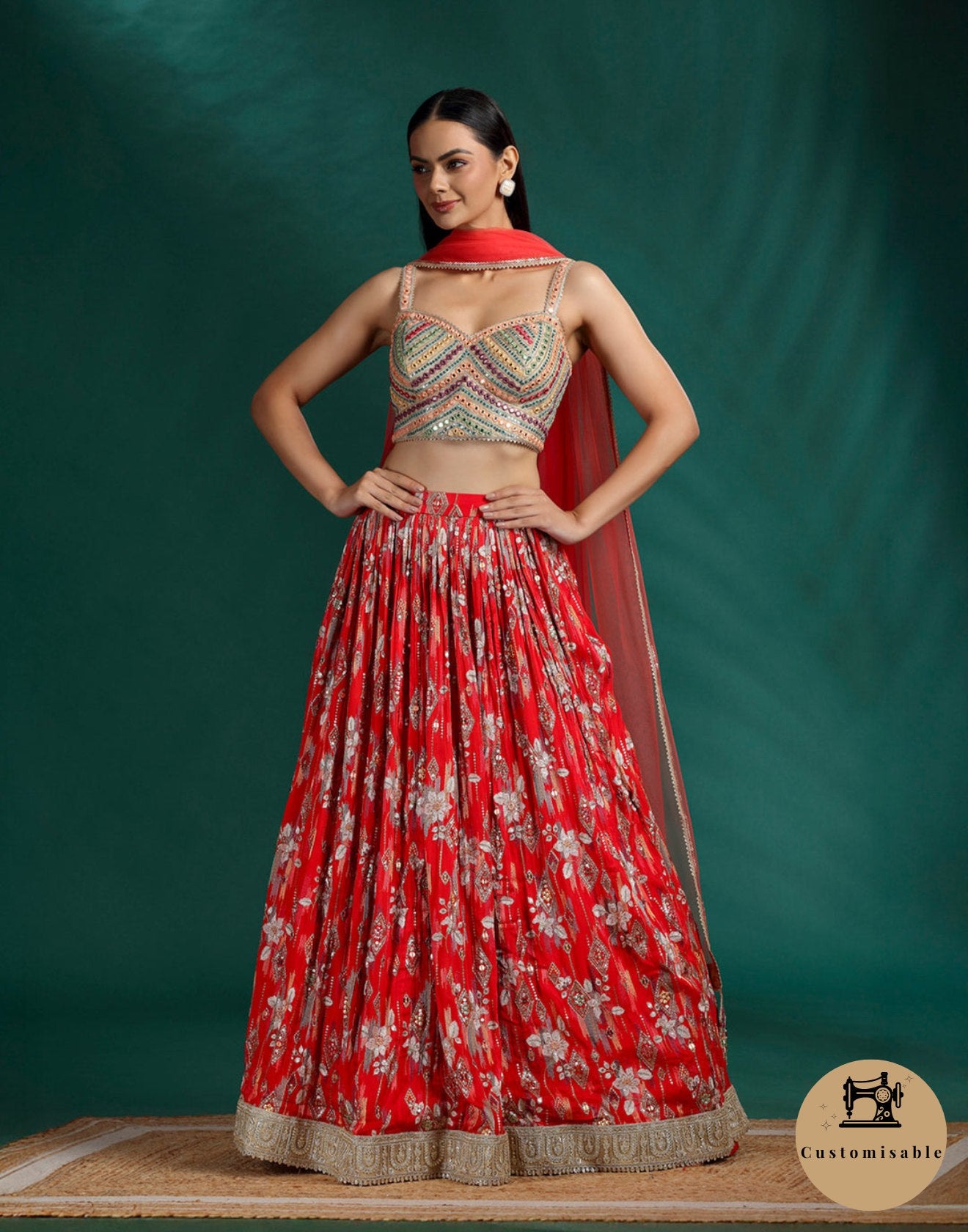 Cherry Red Printed Bridesmaid Lehenga Set