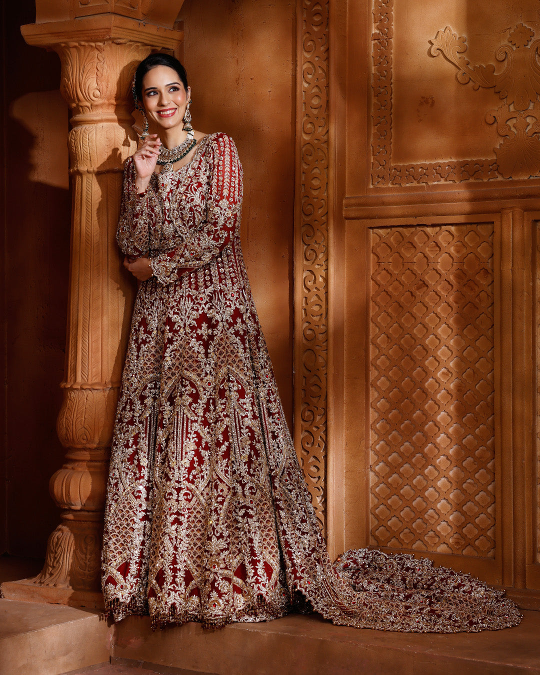 Cherrywood Maroon Embroidered Bridal Farshi Set