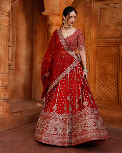 Claret Embrace Pure Silk Bridal Lehenga Set With Unstitched Blouse Fabric
