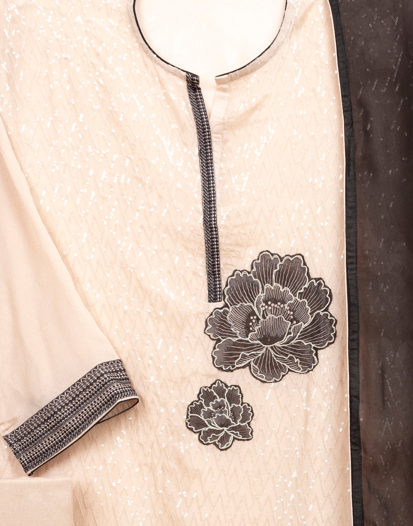 Classic Black & Ivory  Chiffon Semi-Stitched Suit Set