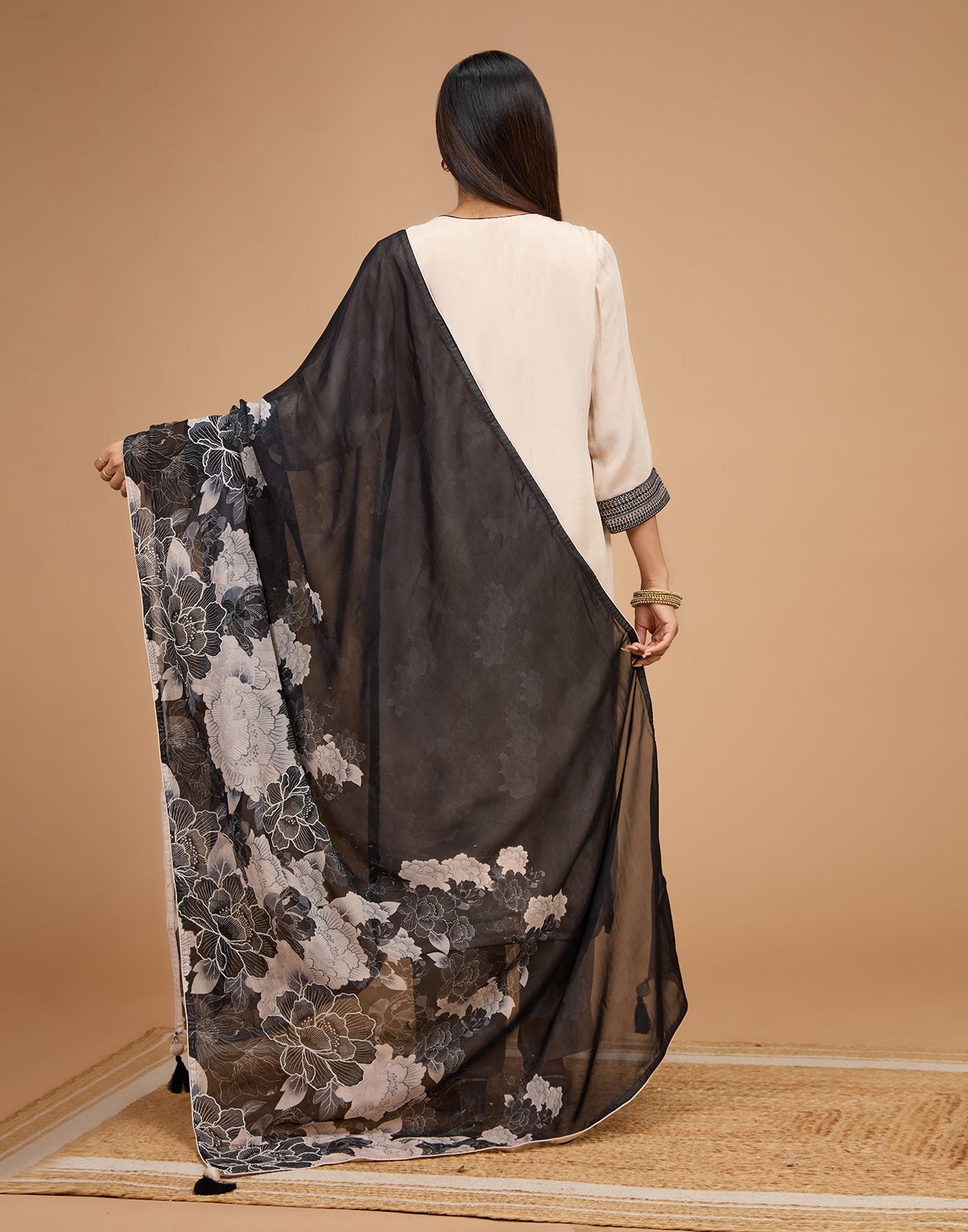 Classic Black & Ivory  Chiffon Semi-Stitched Suit Set