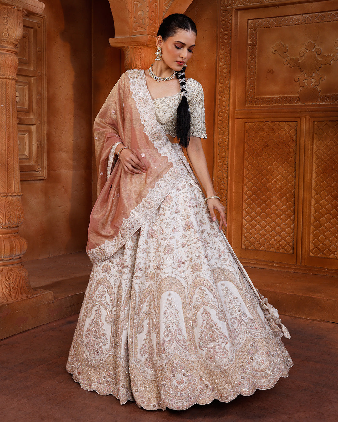 Classic Ivory Bridal Lehenga With Unstitched Blouse Fabric