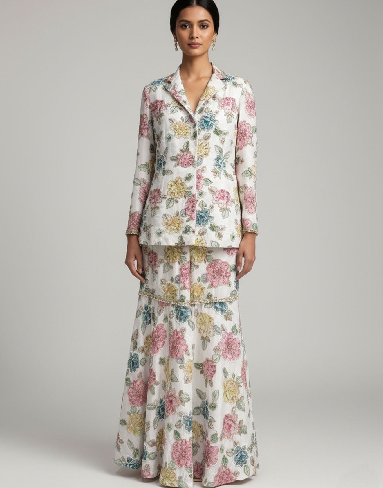 Cloud Dancer Bloom Printed Georgette Indo-Western Blazer Set