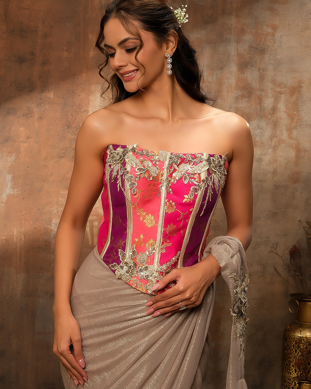 Copper Gold Textured Lycra Pre-Draped Saree With Banarasi Corset Blouse