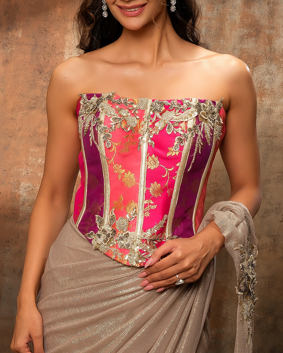 Copper Gold Textured Lycra Pre-Draped Saree With Banarasi Corset Blouse
