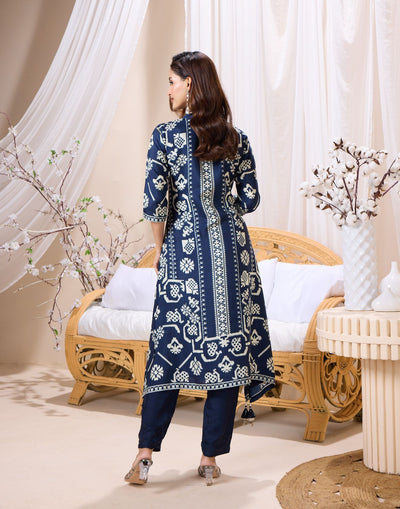 Cosmic Indigo Printed Kurta Set With Necklace