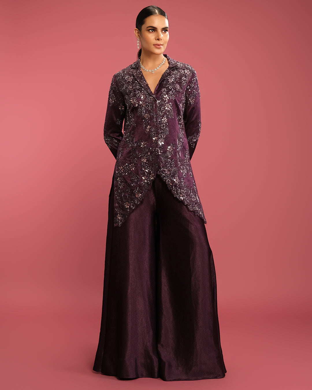 Dark Purple Glam Textured Silk Fusion Jacket Set
