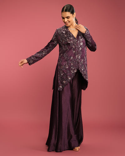 Dark Purple Glam Textured Silk Fusion Jacket Set
