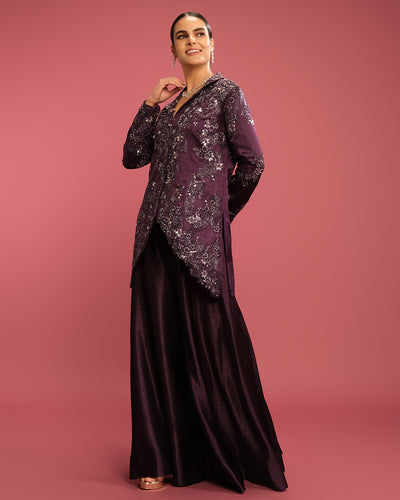 Dark Purple Glam Textured Silk Fusion Jacket Set