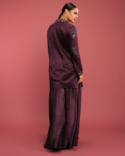 Dark Purple Glam Textured Silk Fusion Jacket Set