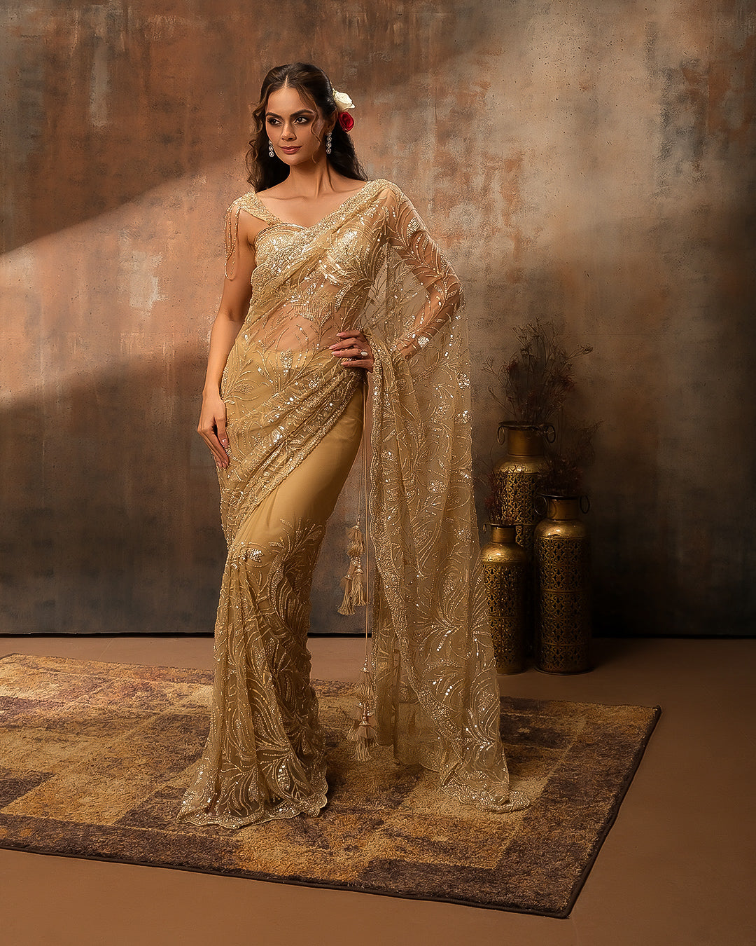 Dazzling Gold Embellished Pre-Stitched Saree