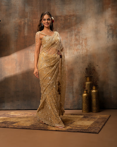 Dazzling Gold Embellished Pre-Stitched Saree