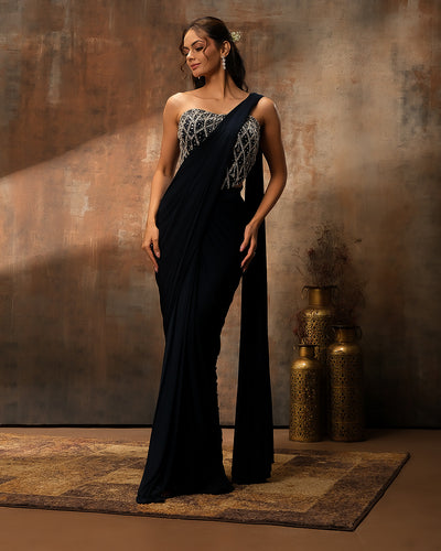Deep Blue Lycra Pre-Stitched Saree With Embellished Corset Blouse