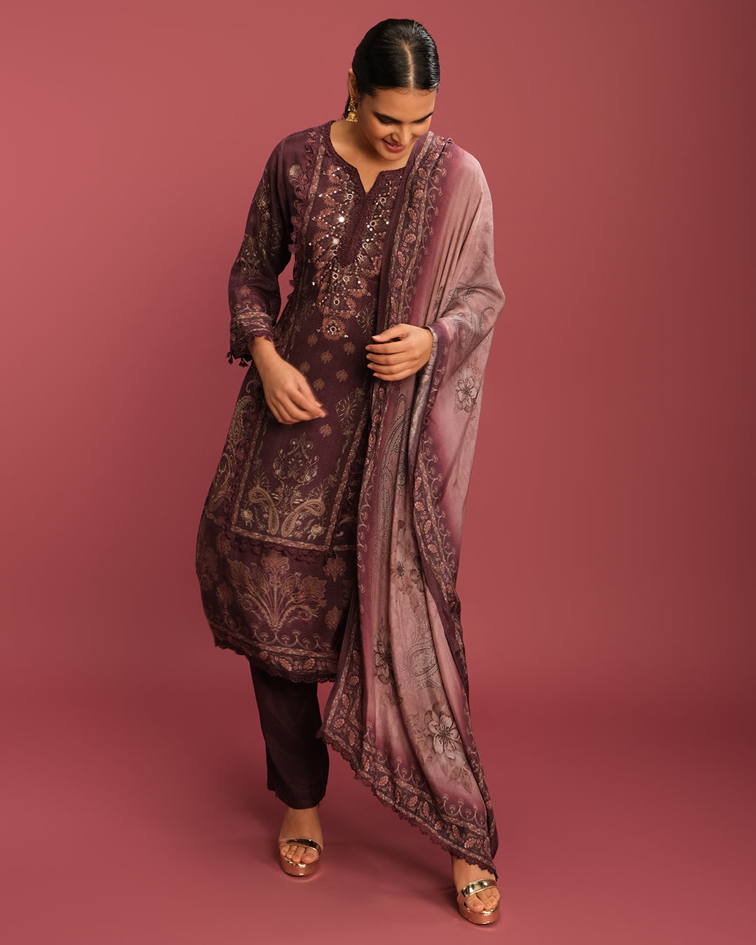 Deep Burgundy Printed Blended Silk Kurta Set