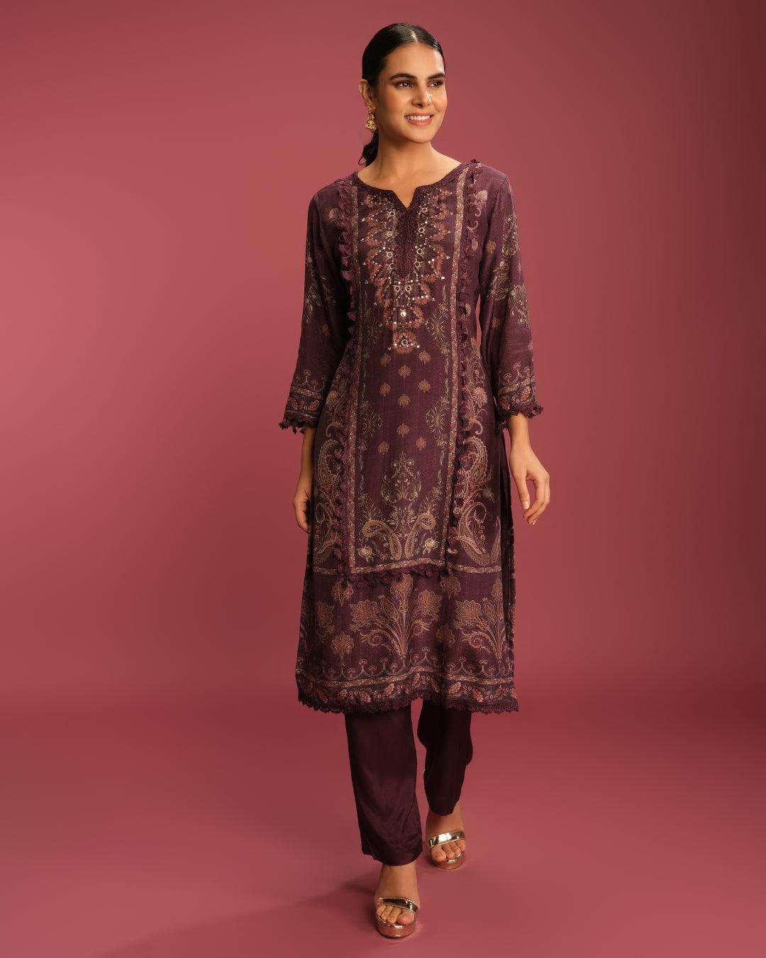 Deep Burgundy Printed Blended Silk Kurta Set