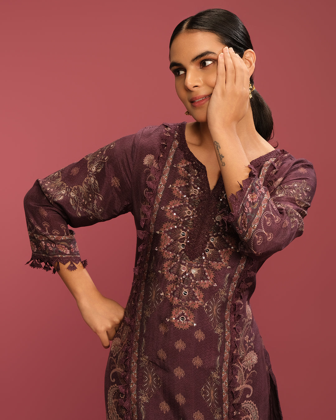 Deep Burgundy Printed Blended Silk Kurta Set