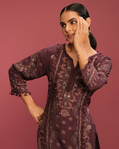 Deep Burgundy Printed Blended Silk Kurta Set