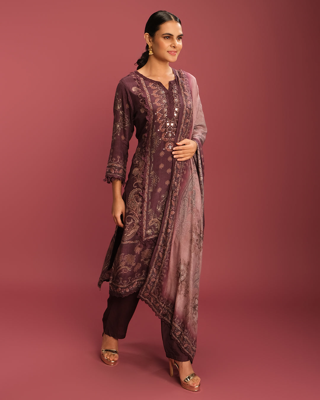 Deep Burgundy Printed Blended Silk Kurta Set