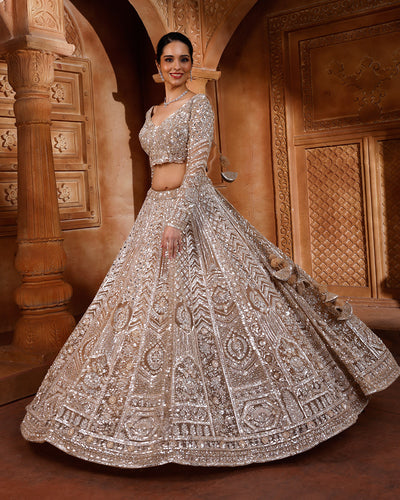 Desert Bronze Net Embellished Bridal Lehenga For Sangeet