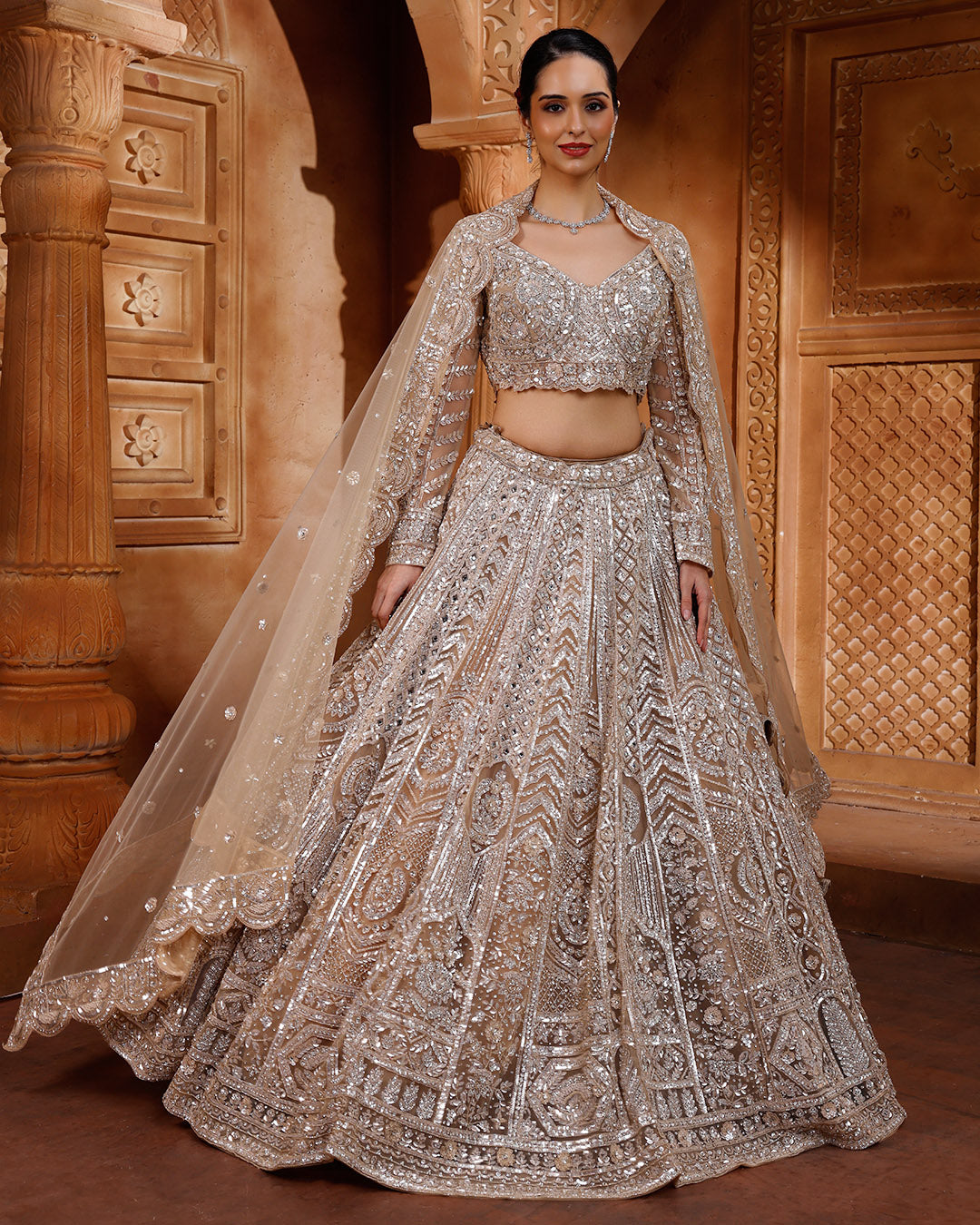 Desert Bronze Net Embellished Bridal Lehenga For Sangeet