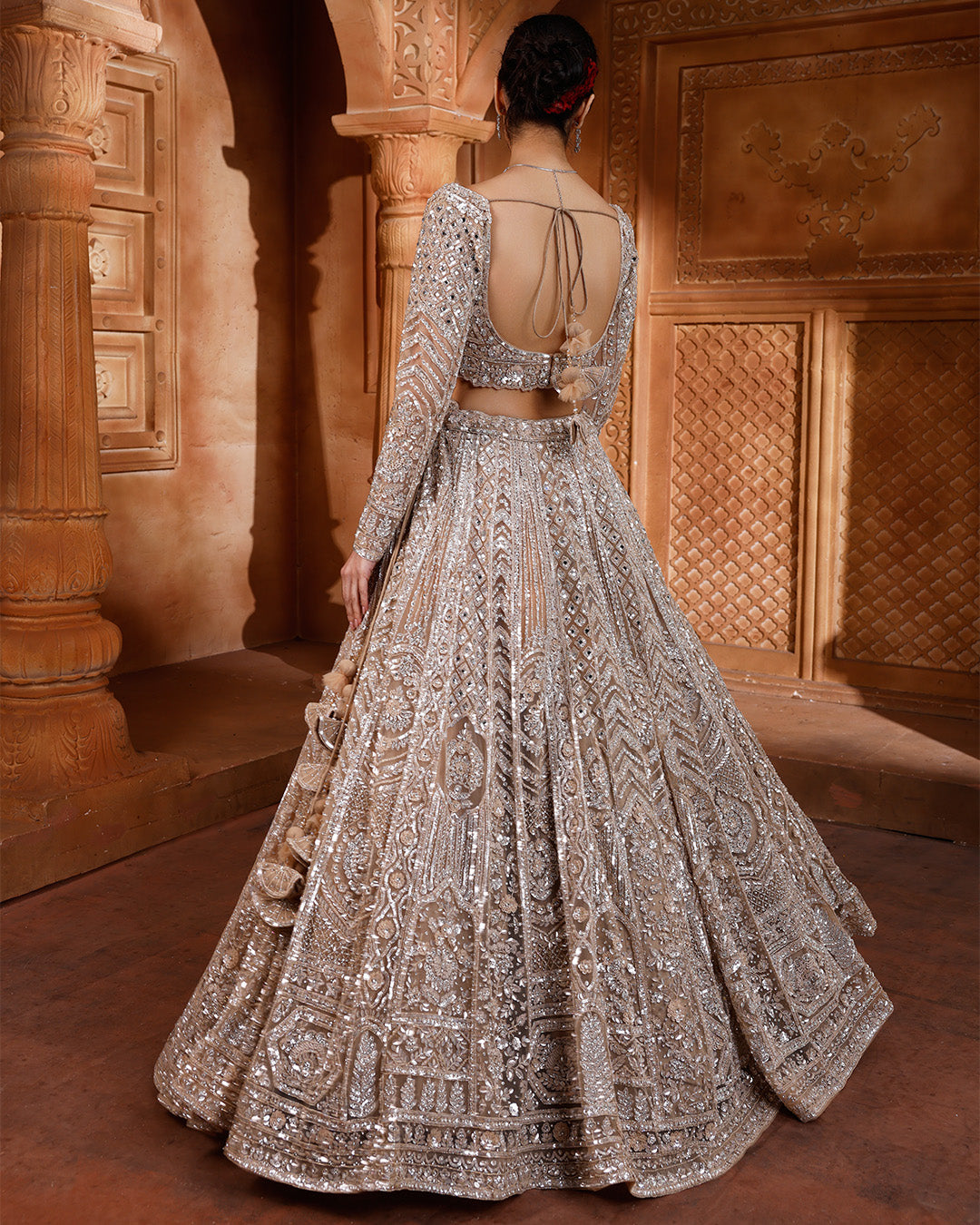 Desert Bronze Net Embellished Bridal Lehenga For Sangeet