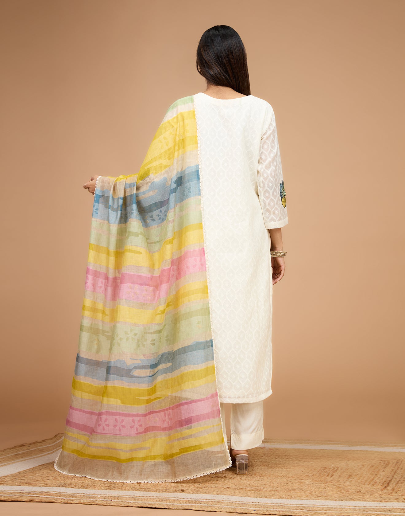 Dove White Jacquard Cotton Unstitched Suit Set With Multicolor Printed Dupatta