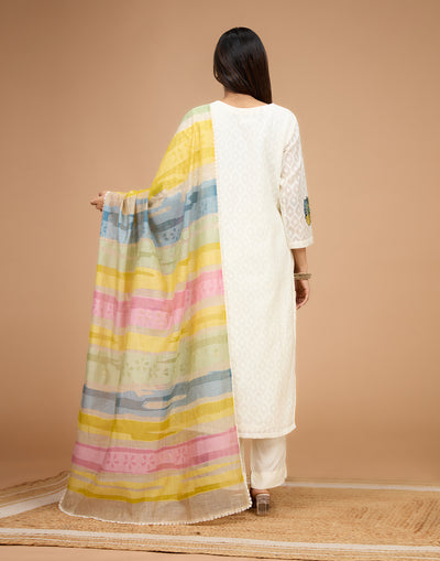 Dove White Jacquard Cotton Unstitched Suit Set With Multicolor Printed Dupatta