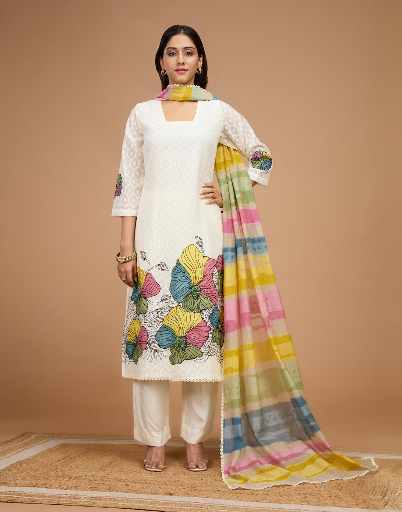 Dove White Jacquard Cotton Unstitched Suit Set With Multicolor Printed Dupatta