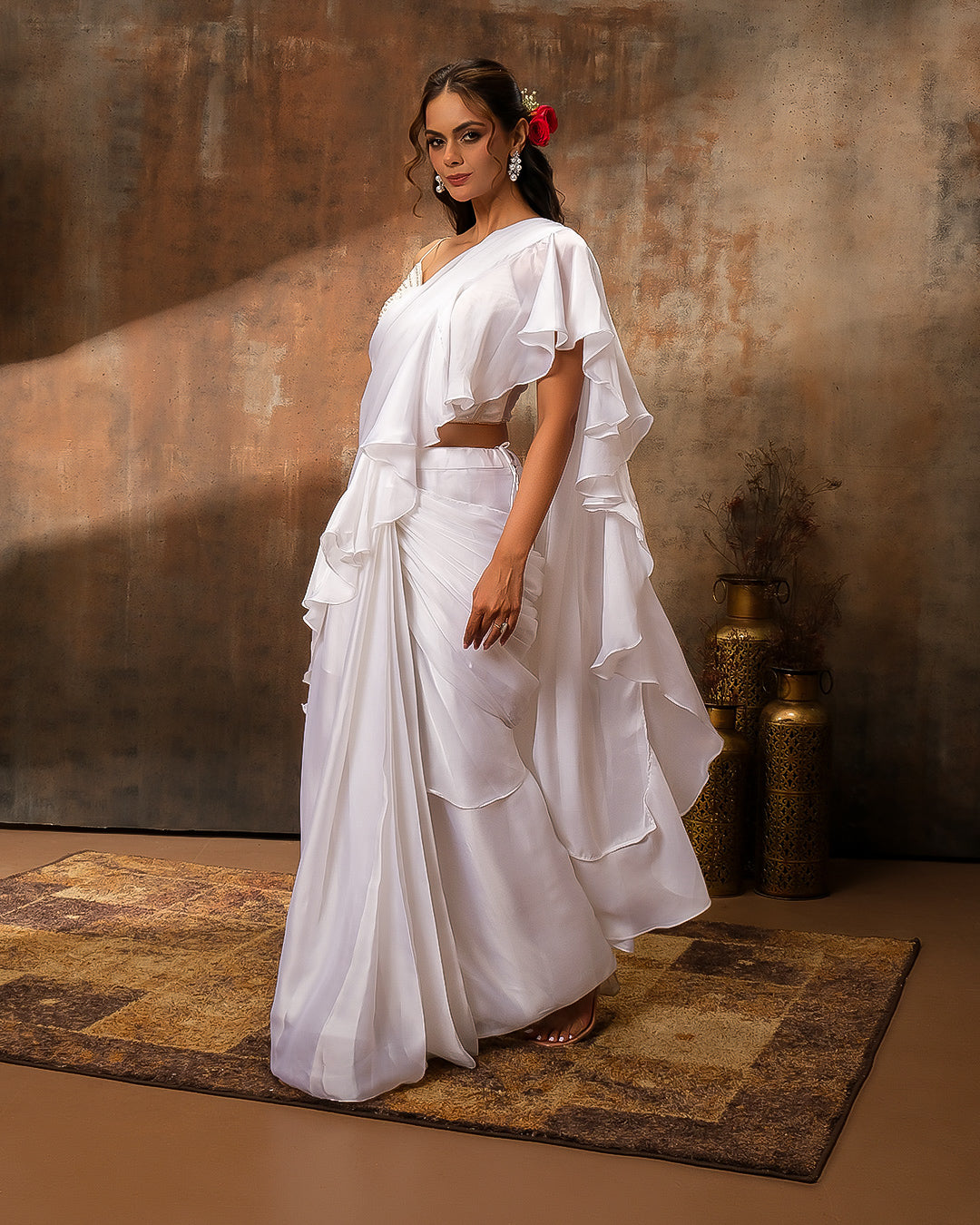 Dove White Pre-Draped Saree With Embroidered Blouse