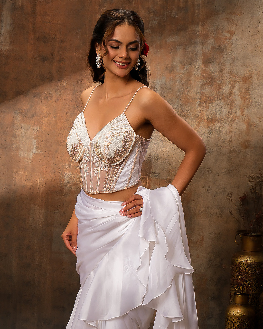 Dove White Pre-Draped Saree With Embroidered Blouse